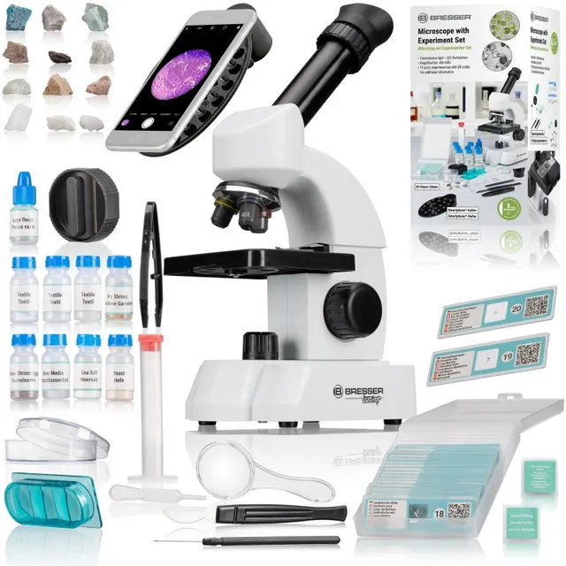 Microscopio BRESSER JUNIOR 40-640x con Juego de Accessorios inteligentes con Código QR para Información adicional