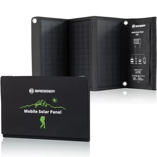 Cargador solar móvil BRESSER de 21 vatios con salida USB y DC